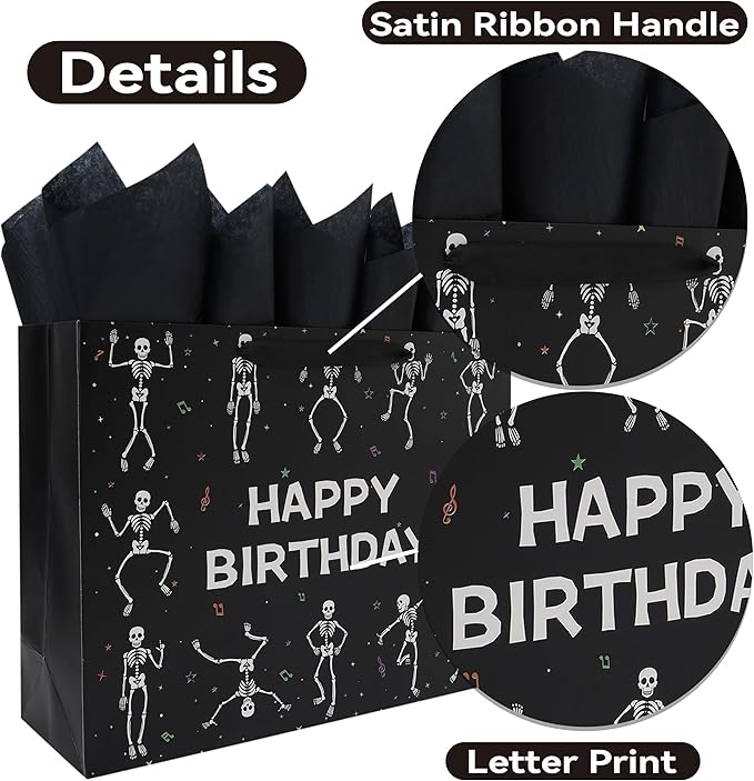 wishinside 16.5'' Extra Large Black Birthday Gift Bag Set with Handles, Greeting Card, Tissue Papers and Stickers for Men Boys Kids Teens for Birthday Party, 1 Pcs
