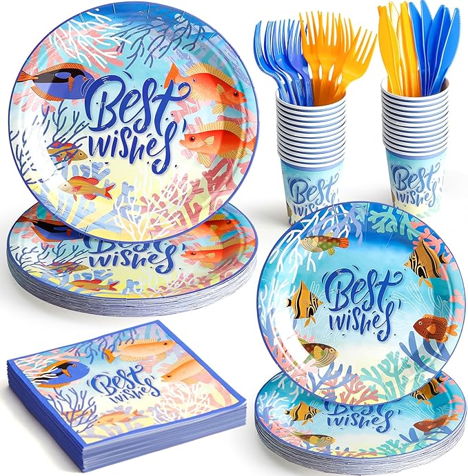 144Pcs Under the Sea Animal Birthday Party Supplies Decorations Paper Plates Napkins Vintage Party Tableware Disposable Tropical Ocean Dinnerware Set for Kids Birthday Baby Shower Table Decor Serve 24