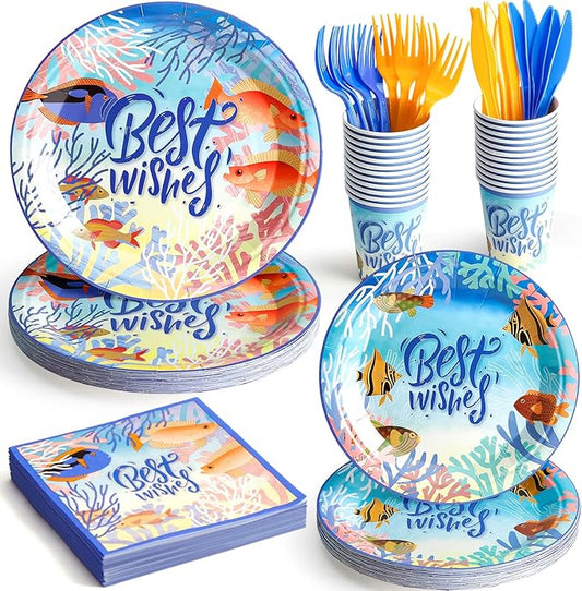 144Pcs Under the Sea Animal Birthday Party Supplies Decorations Paper Plates Napkins Vintage Party Tableware Disposable Tropical Ocean Dinnerware Set for Kids Birthday Baby Shower Table Decor Serve 24