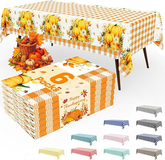 Smiry 6 Pack Gingham Disposable Table Cloth, 54 x 108 Inch Waterproof Plastic Tablecloth, Rectangle Orange Checkered Pumpkin Table Covers for Thanksgiving, Harvest, Birthday, Party