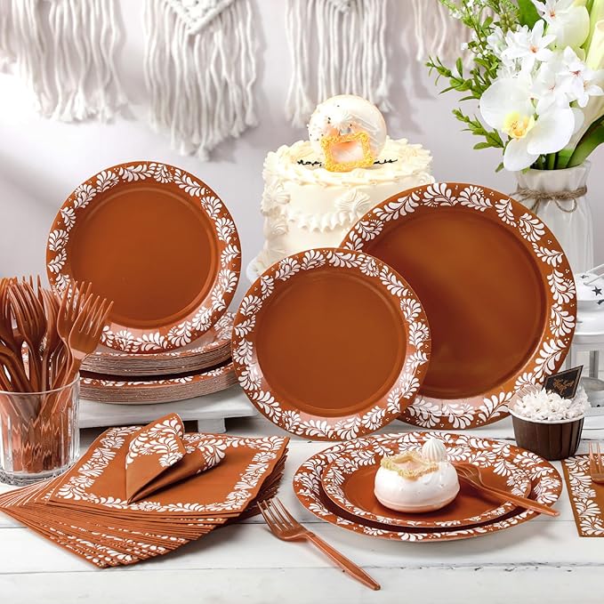 AmazingSpark 122 Pcs Brown Cielito Lindo Baby Shower Decoration Platos De Barro Mexicanos Fiesta Talavera Paper Plates Mexican Napkins Forks Tableware Set for Birthday Weeding Party Supplies, Serve 24