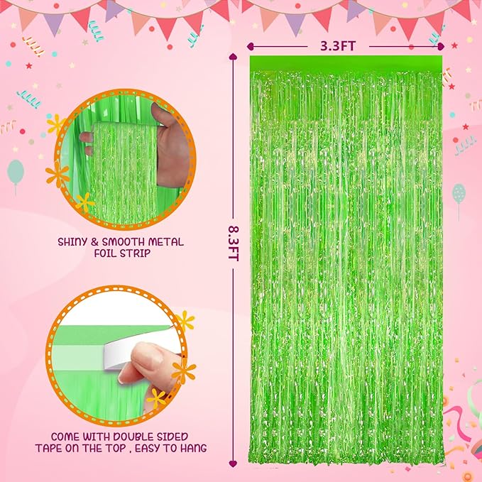 2Pack Iridescent Green Metallic Tinsel Foil Fringe Curtains, Door Streamers Photo Booth Backdrop for Birthday Party, Tinsel Curtain Backdrop for Baby Shower Bachelorette Christmas Party Decorations