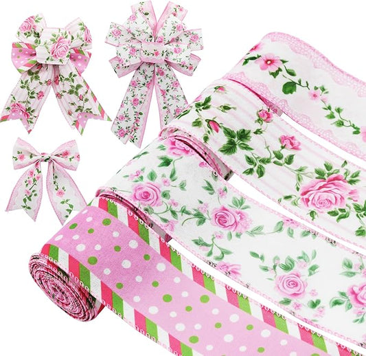 4 Rolls Pink Rose Floral Wired Edge Ribbon – 2.5 Inch, 5 Yards Each, Summer Grosgrain Set for Wedding Decor, Gift Wrapping, DIY Crafts