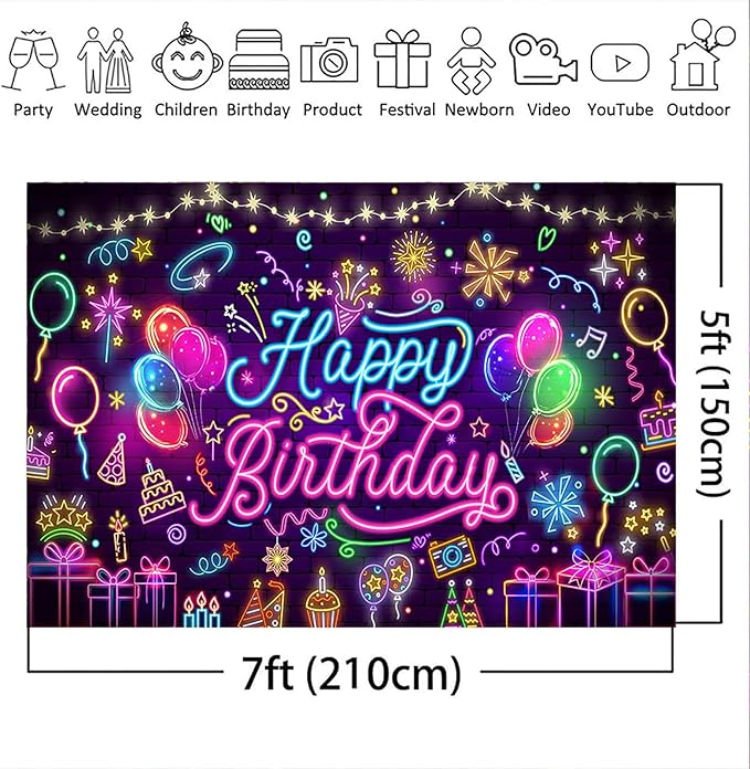 Mocsicka Neon Happy Birthday Banner Backdrop Glow in The Dark Graffiti Party Backdrop Decorations for Kids Adults Mustic Let's Glow Birthday Background Party Decorations (Purple, 7x5ft (82x60 inch))