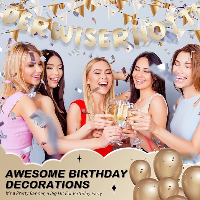 Fulmoon Set of 3 Pre Strung Older Wiser Hotter Glitter Banner Funny Birthday Banner for Women 30th 40th 50th 60th 70th 80th Birthday Party Decorations Sign Gift(Shiny Champagne Gold)