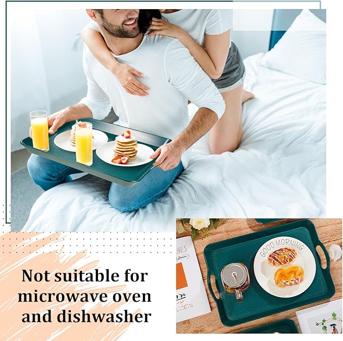 Kathfly 6 Pcs Green Serving Trays with Handles Trays for Eating 16 x 11 Inch Multi Purpose Plastic Tray Rectangular Anti Skid Decorative Food Tray for Restaurant Breakfast Countertop Party Kitchen