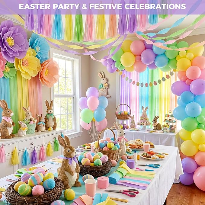 Koogel 12 Rolls Pastel Macaron Crepe Paper Streamers - 1.8 in x 82 ft Each - Soft Color Decorations for Baby Shower, Spring Party, Wedding, Easter, Birthday & Piñata Making