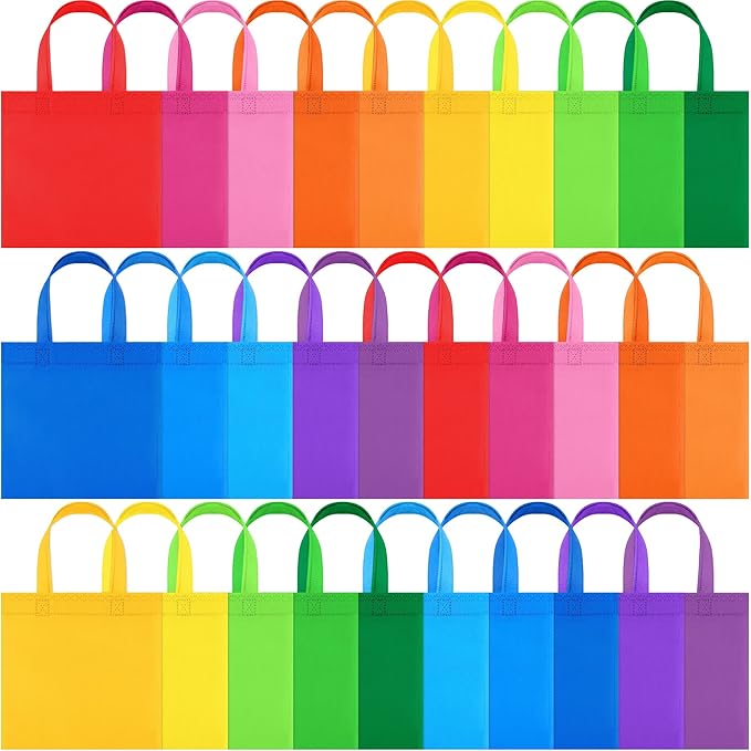 30 Packs Non-woven Party Gift Bags Reusable Goodie Bags 7.9×7.9 Inch Colorful Tote Treat Bag with Handles Rainbow cloth bags for Wedding Birthday