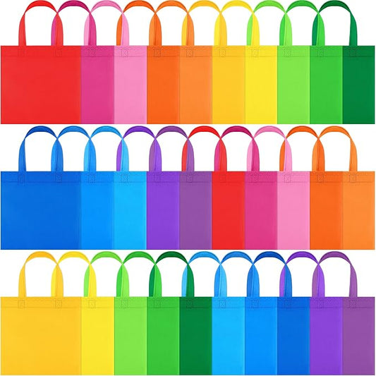 30 Packs Non-woven Party Gift Bags Reusable Goodie Bags 7.9×7.9 Inch Colorful Tote Treat Bag with Handles Rainbow cloth bags for Wedding Birthday