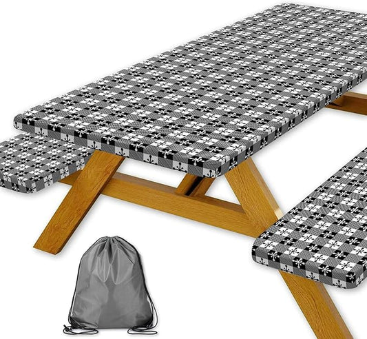 Picnic Table Cover with Bench Covers and Bag, Camping Essentials, Buffalo Plaid Waterproof and Windproof, Fitted Tablecloth Cover with Elastic Edge, for Outdoor, 3 PCS, (Black & White, 30"x72")