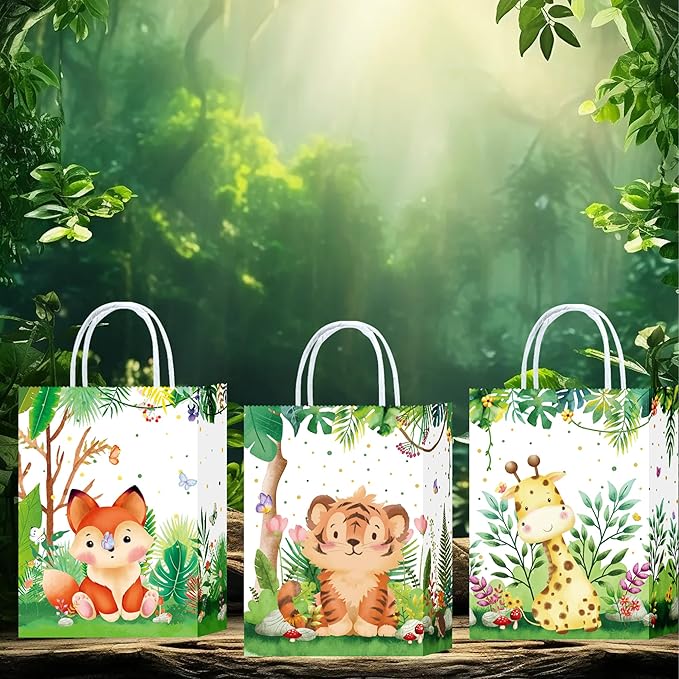 W WINTMING Paper Gift Bags for Birthday 16Pcs Safari Animals Party Favor Bags with Handles Woodland Print Paper Candy Bags Goodie Bags for Wrapping Gifts Jungle Theme Party Supplies
