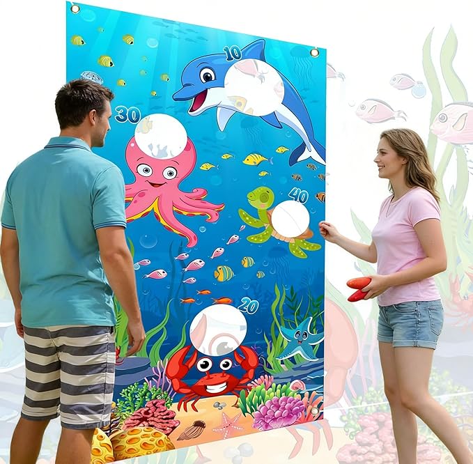 Ocean Toss Game, Bean Bag Toss Game for Ocean Theme, Ocean Sea Animal Backdrop Photo Background for Birthday Party Outdoor Indoor Games Family Activities Carnival