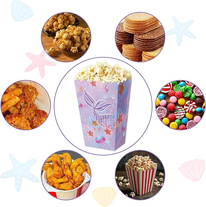 BACH AND BOUJEE 12 PCS Mermaid Popcorn Boxes Under the Sea Party Favor Goodie Boxes Candy Bags for Girls Princess Mermaid Birthday Party Supplies Baby Shower Wedding Decorations