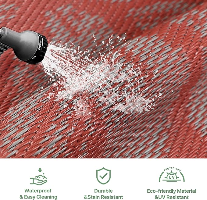 GENIMO Outdoor Rug Waterproof for Patio Decor, 6' x 9' Reversible Plastic Straw Floral Camping Carpet, Large Area Rugs Mats for RV, Camper, Deck, Balcony, Porch, Beach, Picnic, Red & Grey