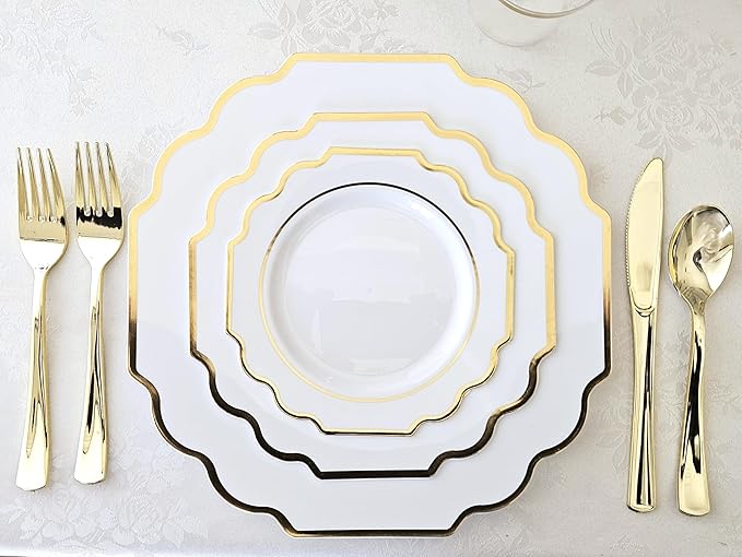 " OCCASIONS " 960 Piece set (120 Guests)-Heavyweight Wedding Party Disposable Plastic Plate Set - 120 x 10.5'' + 120 x 8'' + Silverware + Cups + Napkins (Imperial White & Gold)