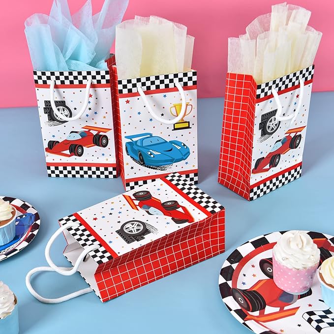 WERNNSAI Party Gift Bags - 16PCS Racing Car Birthday Party Supplies Goodie Candy Gifts Bags Party Treats Racing Car Storage Paper Bag with Handles for Boys Birthday Baby Shower Red