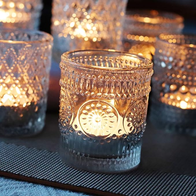 Clear Glass Votive Candle Holders, 12 pcs 3 Patterns Tealight Candle Holders for Wedding Table Centerpiece Birthday Party Thanksgiving Christmas Decoration