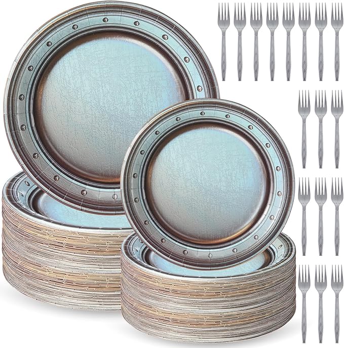 Jingmore 180 Pcs Medieval Party Supplies Disposable Pewter Paper Plates and Forks Tableware Set for Pirate Knight Castle Halloween Decorations Dinner Silver Grey 9" and 7'' Serves 60（Vintage Style）