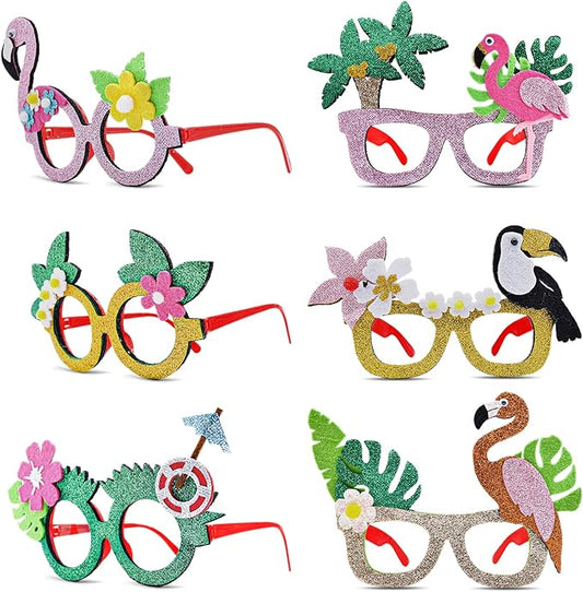 6 Pcs Hawaiian Luau Party Glasses Decor - Glitter Tropical Sunglasses Frames, Novelty Costume Eyeglasses Photo Props for Adults, Fun Summer Beach Party, Pool Party, and Vacation Decorations