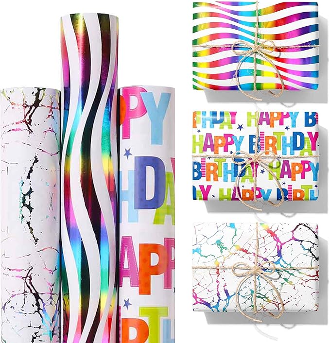 3 Rolls Birthday Wrapping Paper Roll - 17 in X 120 in Per Roll - Sparkly Rainbow Holographic Wrapping Paper for Girls Kids Birthday Gift Wrap