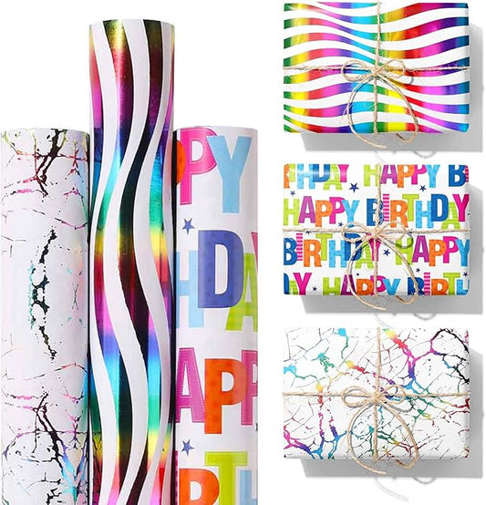 3 Rolls Birthday Wrapping Paper Roll - 17 in X 120 in Per Roll - Sparkly Rainbow Holographic Wrapping Paper for Girls Kids Birthday Gift Wrap
