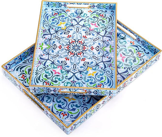 Hiceeden Set of 2 Boho Floral Serving Tray with Handles, 15.7" x 11.8" Decorative Plastic Ottoman Tray, Modern Large Coffee Table Server for Living Room, Bathroom, Kitchen, Rectangle, Blue