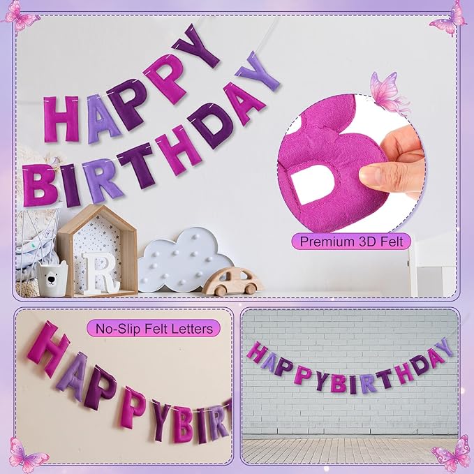 Mindsoft Pre Strung 3 Pcs Happy Birthday Banner Felt Ball Garland Butterflies Banner Reusable Bulk purple Birthday Decorations for Girls Boys Women Men