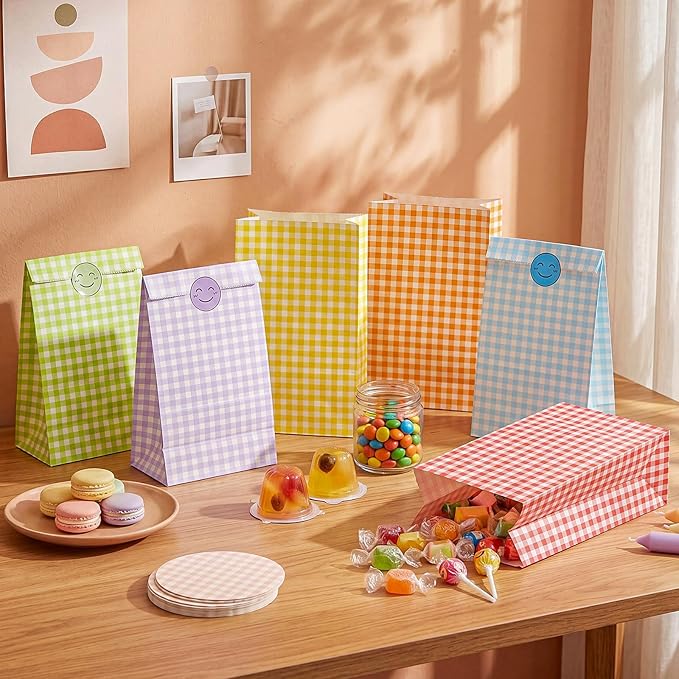 Nezyo 60 Pcs Pastel Gingham Paper Gift Bags with Stickers for Party 5.1 x 3.1 x 9.4 Inches Colorful Rainbow Paper Candy Bag for Party Favor Wedding Birthday Candy Snack DIY Goodie Treat (Plaid)
