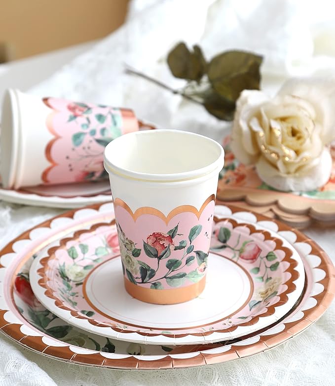 Vintage Floral Party Supplies Rose Gold for Mother's Day - Serves 16 - Includes Flower Paper Plates Cups Napkins Knifes Forks for Baby Shower Bridal Shower Wedding Birthday Decorations Tea Party