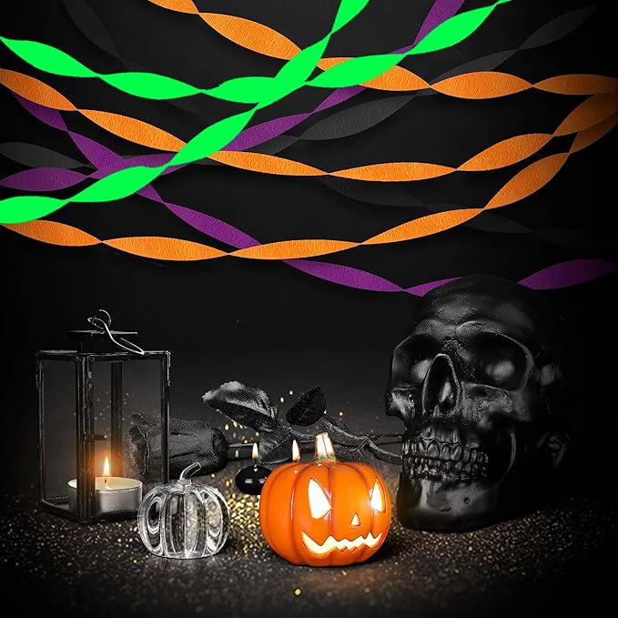 Halloween Party Streamers, Black Orange Purple Crepe Paper Kit 8 Rolls, Halloween Decorations Ceiling Hanging Backdrop Scary Party Supplies DIY Crepe Paper Roll