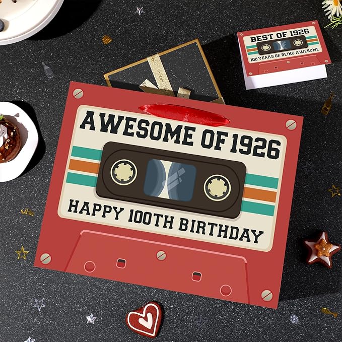 100th Birthday Gift Bag for Men Women Retro Tape 1926 Birthday Party Favor Bags with Tissue Paper and Card Vintage Cassette 100 Years Old Gift Wrapping Paper Bag Decorations for Mom Dad Friends Gifts