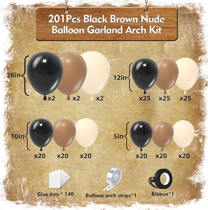 Black Brown Nude Balloon Garland Arch Kit 201Pcs Different Size Brown Balloon Garland for Rodeo Wild West Country Birthday Baby Shower Farm Fiesta Gender Reveal Party Western Theme Party Decor
