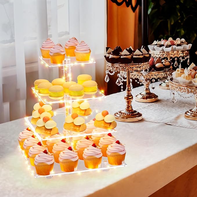 4 Tier Acrylic Cupcake Display Stand, Cupcake Tower Stand with Light, Cupcake Tier Stand for 50 Cupcakes, Clear Cupcake Stands for Weddings, Birthdays, Party, Graduation