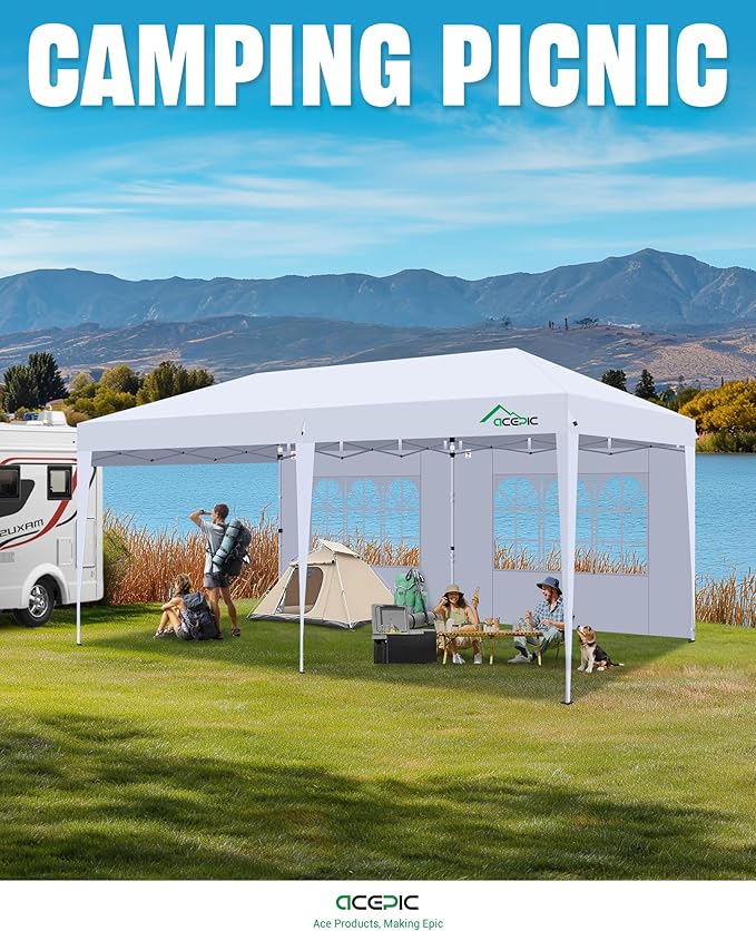 Acepic 10x20 Pop Up Canopy Tent with 6 Removable Sidewalls, One-Push Center Lock Design, Commercial Grade Waterproof Party Gazebo, UV Protection Outdoor Event Shelter with Church Windows, White