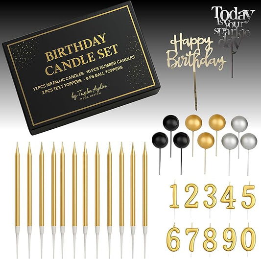by Tugba Aydan - 33 Pcs Gold Birthday Candle Set with Number Candles 0–9, Metallic Long Candles, Ball&Text Toppers-Complete Cake Decoration Kit for Kids & Adults Birthday Party