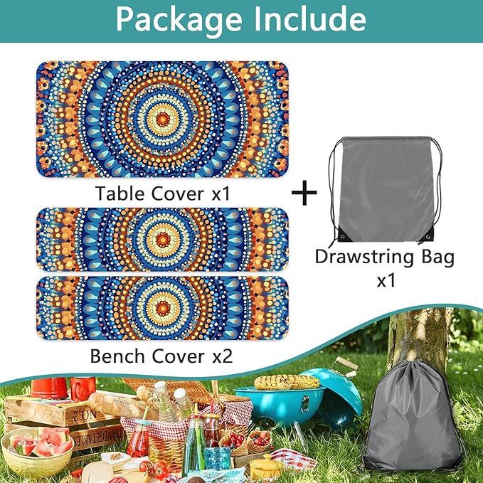 Picnic Table Cover with Bench Covers and Bag, Camping Essentials, Waterproof Windproof Camping Tablecloth, Fitted Tablecloth Cover with Elastic Edge for Indoor Outdoor 3 PCS 30x96 Inch