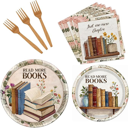 Rakuto Book Themed Party Tableware Decorations, 96PCS Book Club Paper Plates Napkins and Forks, Library Reading Club Party Decor, Serve 24