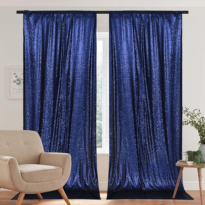 PartyDelight Navy Blue Sequin Backdrop 5x10ft 2 Panels - High Density 3mm Shimmer Sequin Background for Independence Day, Wedding, Stage & Event Decor