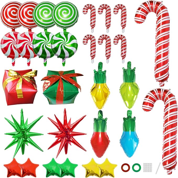35Pcs Christmas Foil Balloons Set, Xmas Swirl Candy Cane Light Star Mylar Big Gift Boxes Balloons for Christmas New Year Xmas Party Decorations