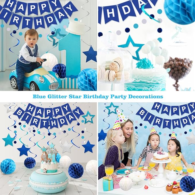 meowtastic Birthday Decorations, Happy Birthday Banner with Honeycomb Balls, Stars Hanging Swirl Streamers, Circle Dots Garland, Happy Birthday Party Decorations for Women Men Boys Girls (Blue)