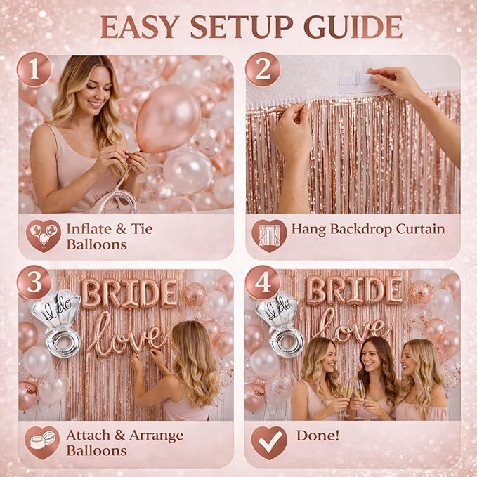 Rose Gold Bridal Shower Decorations Kit (32 PCS) for Bride to Be – BRIDE and Love Balloons, I Do Ring, Heart Balloons, Confetti & Latex Balloons, Backdrop Curtain for Bridal & Bachelorette Party