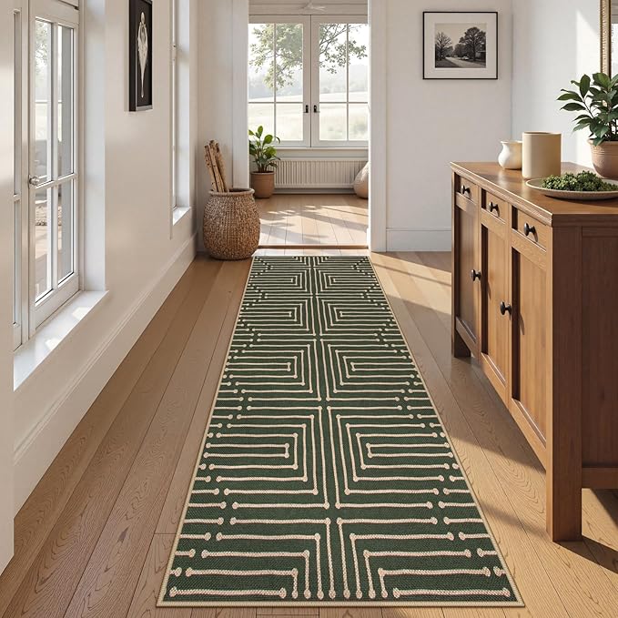 Lahome Maze Lines Easy Jute Kitchen Runner Rug, 2x8 Washable Hallway Runner Rug, Non Slip Green Indoor Outdoor Rugs for Entryway, Nature Front Door Carpet for Laundry Entry