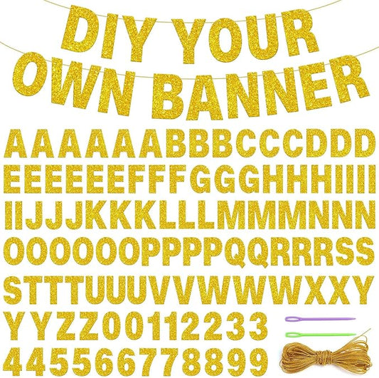 110 Pcs DIY Banner Kit with Letters, Gold Glitter Customizable Banners, DIY Letter Banner Including 107 Letters and Numbers 1 Rope and 2 Threading Devices for Graduation Wedding Birthday Parties Decoration