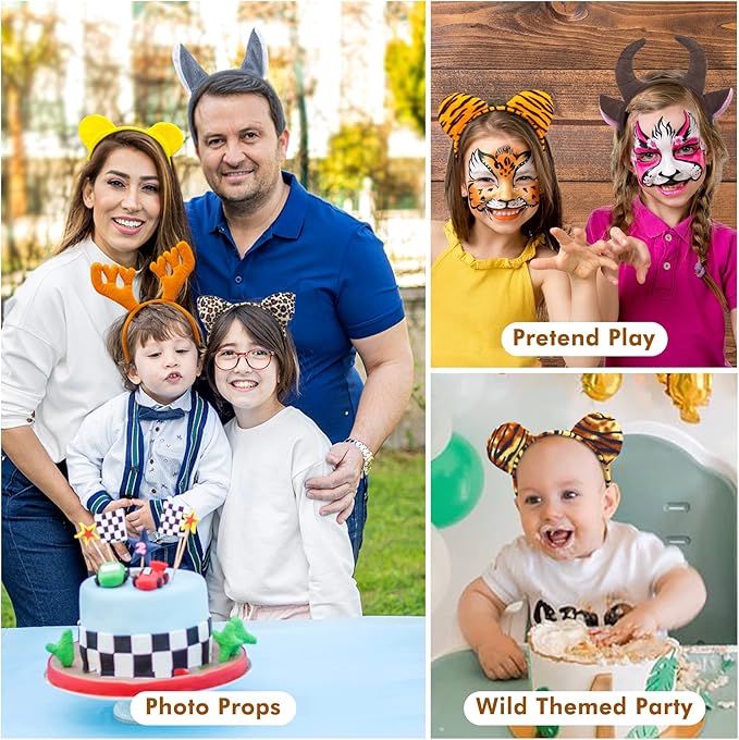 16Pcs Jungle Animal Ears Headbands as Safari Party Favors Wild One Birthday Decorations Plush Animal Headpiece for Kids Adults