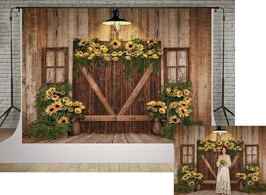 Kate Rustic Wooden Barn Door Backdrop 10x6.5ft Vintage Sunflower Garland Photography Background Country Style Shabby Chic Wall for Birthday Party Baby Shower Wedding Photo Booth Props