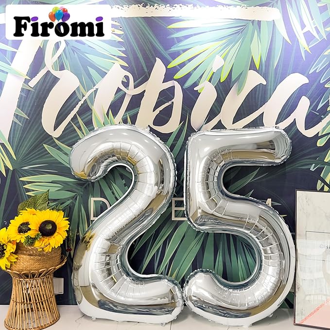 FIROMI 25 Number Balloons Silver Big Giant Jumbo Huge Foil Mylar 25 Balloon Numbers for 25th Birthday Party Anniversary Events Decorations 40-inches