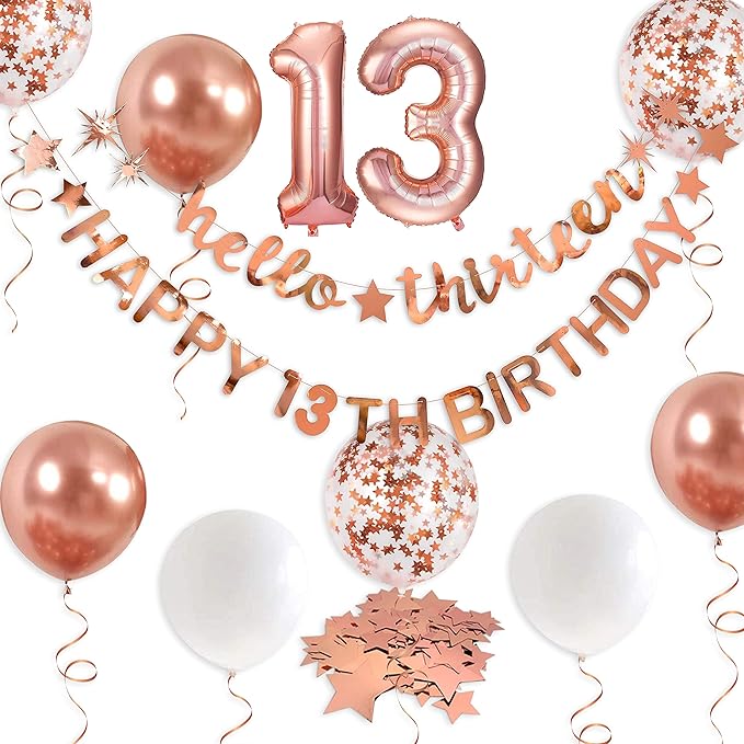 Rose Gold Hello Thirteen Happy 13th Birthday Banner Garland Foil Balloon 13 for 13 Birthday Decorations Official Teenager 13th Birthday Decor for Teen Girls 13 Year Old Birthday Party