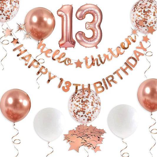 Rose Gold Hello Thirteen Happy 13th Birthday Banner Garland Foil Balloon 13 for 13 Birthday Decorations Official Teenager 13th Birthday Decor for Teen Girls 13 Year Old Birthday Party