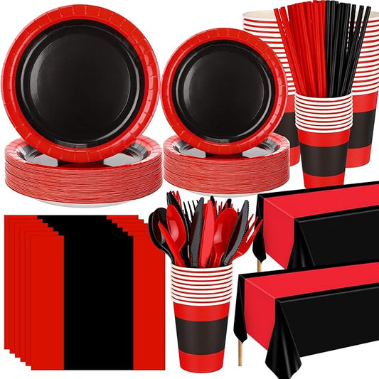 Funnymoom 452 Pcs Red and Black Party Decorations, Red and Black Paper Plates Cups Napkins Tablecloth Cutlery Straws Baby Shower Wedding Birthdays Party Supplies, 50 Guests