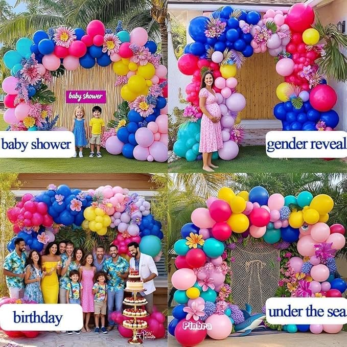 Hot Pink Blue Yellow Balloon Garland, Double Stuffed Royal Blue Teal Lavender Balloons Pastel Balloon Arch Kit for Tropical Hawaii Kid Magic Baby Shower Birthday Engagement Party Decorations